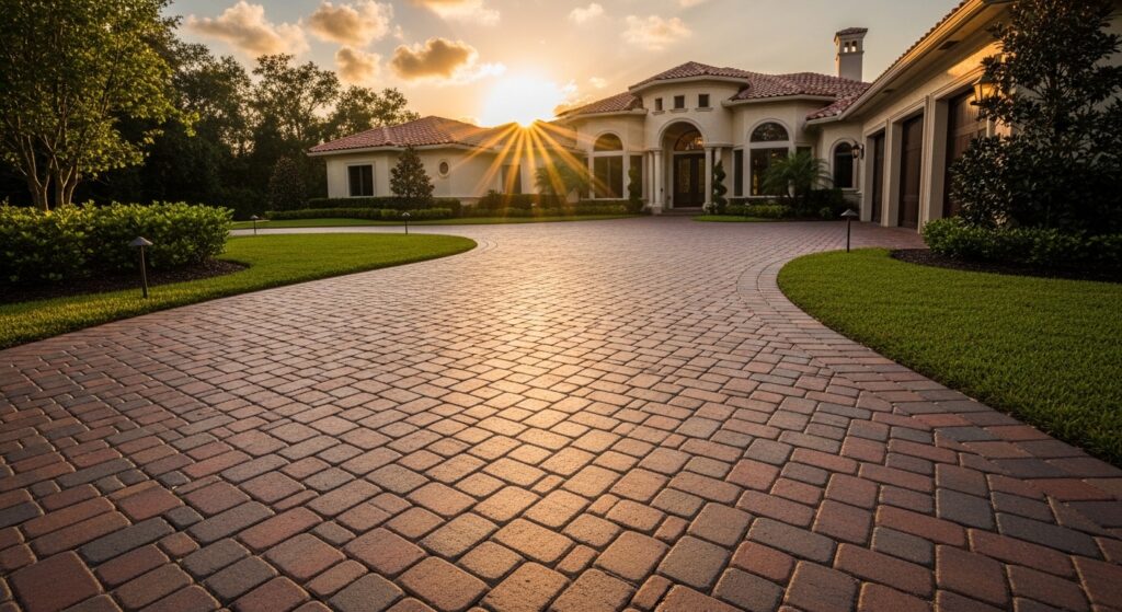 Luxury curving paver driveway design for a Tampa estate home at sunset