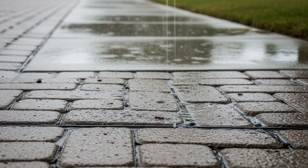 Permeable driveway pavers draining water during a Tampa rainstorm