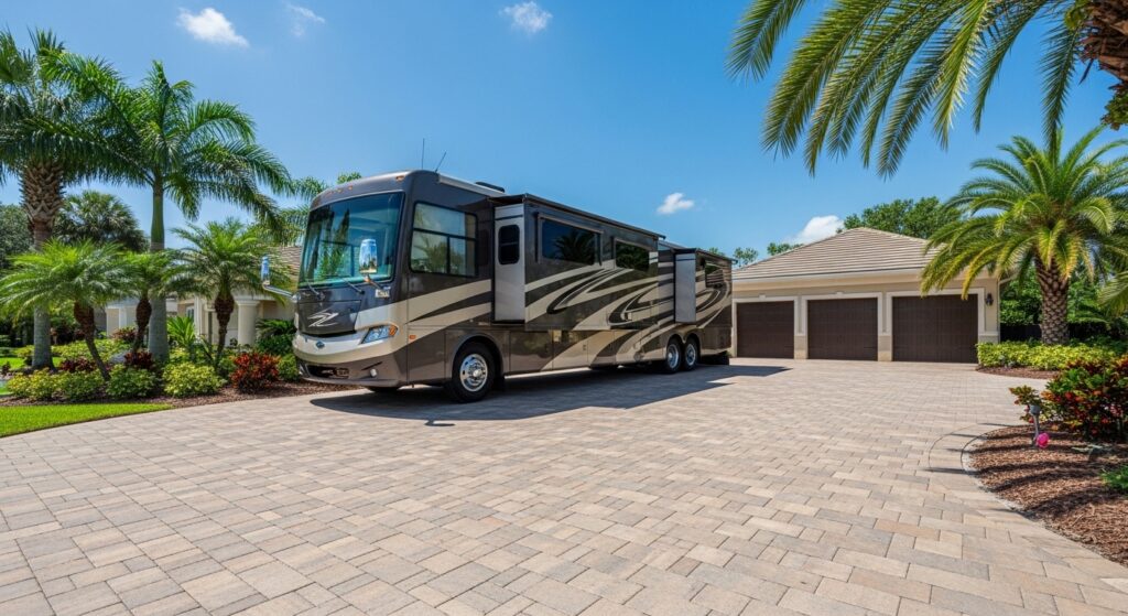 Large RV parked on a high-strength interlocking paver driveway