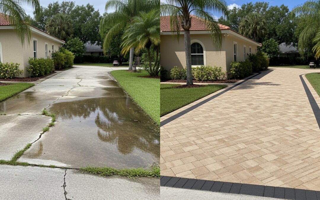 Side by side comparison of a cracked concrete driveway vs a new interlocking paver driveway in Tampa